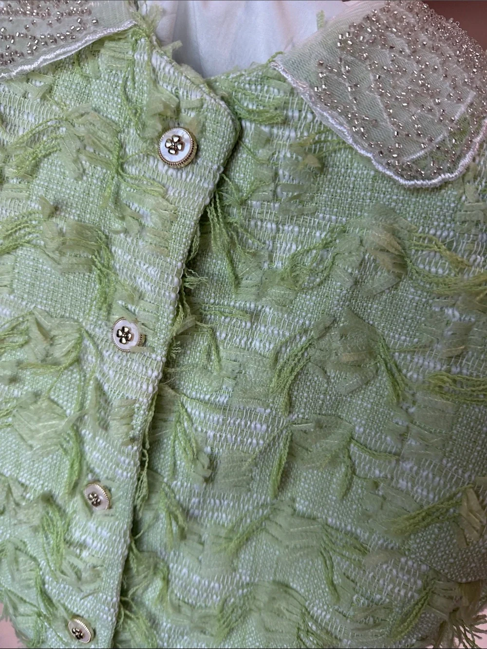 Pistachio Green Tweed Fringe Matching Set Peter Pan Collar Size S